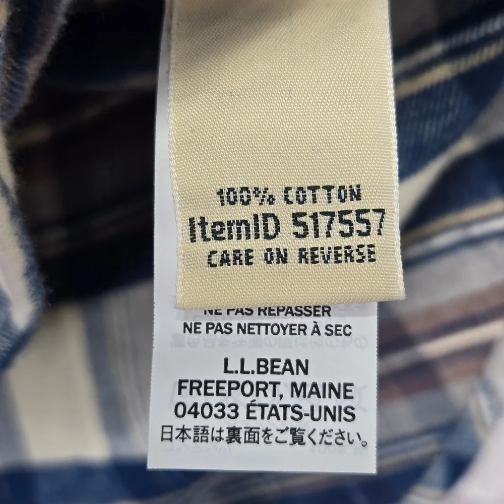 L.L.Bean Flannel Shirt Blue Brown Plaid Quarter Zip Soft Cotton Mens Large L